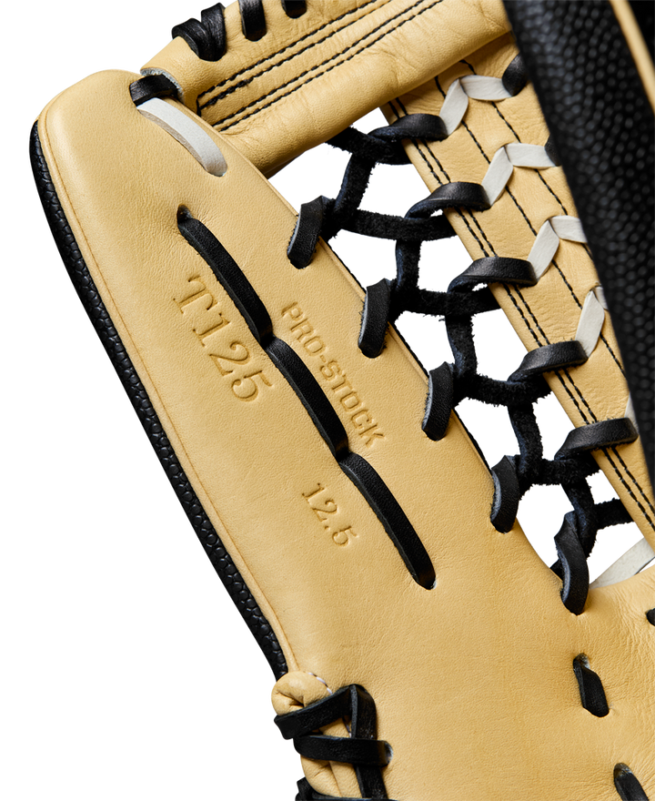 A close-up of the Wilson A2000 T125SS 12.5" Fastpitch Glove (WBW102679125) showing its Pro Laced T-Web design.