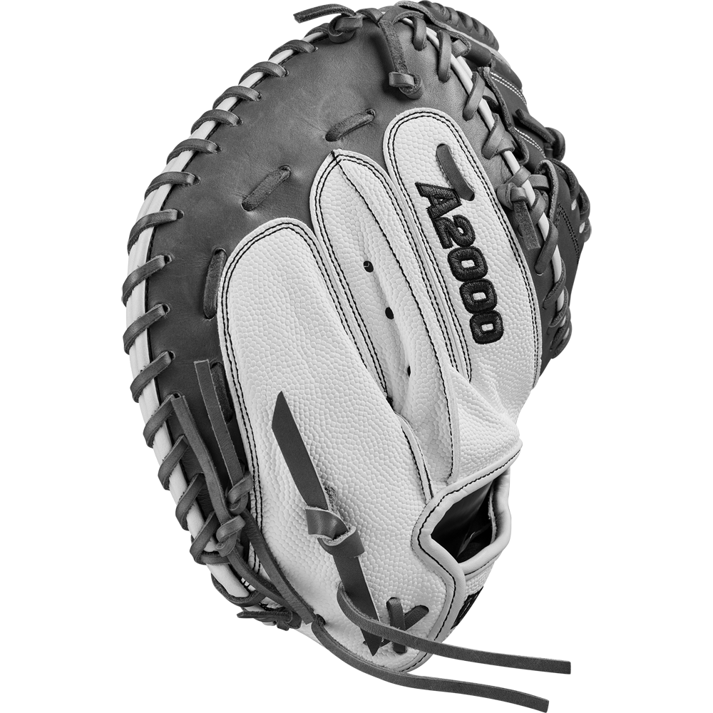 The Wilson A2000 FPCM23 34" Fastpitch Catcher's Mitt (WBW10268134) is a gray and black catcher's mitt crafted from durable Pro Stock Leather with detailed edge lacing and textured leather for long-lasting performance.