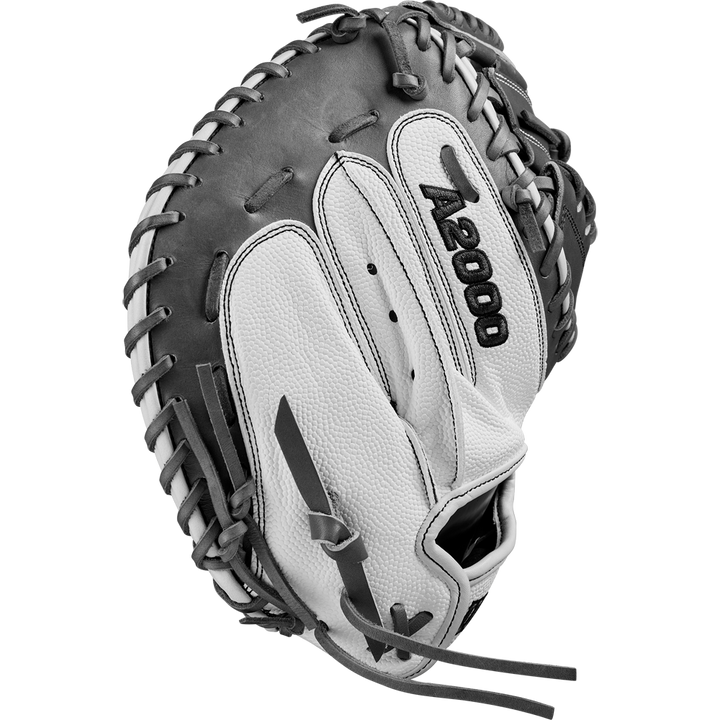The Wilson A2000 FPCM23 34" Fastpitch Catcher's Mitt (WBW10268134) is a gray and black catcher's mitt crafted from durable Pro Stock Leather with detailed edge lacing and textured leather for long-lasting performance.