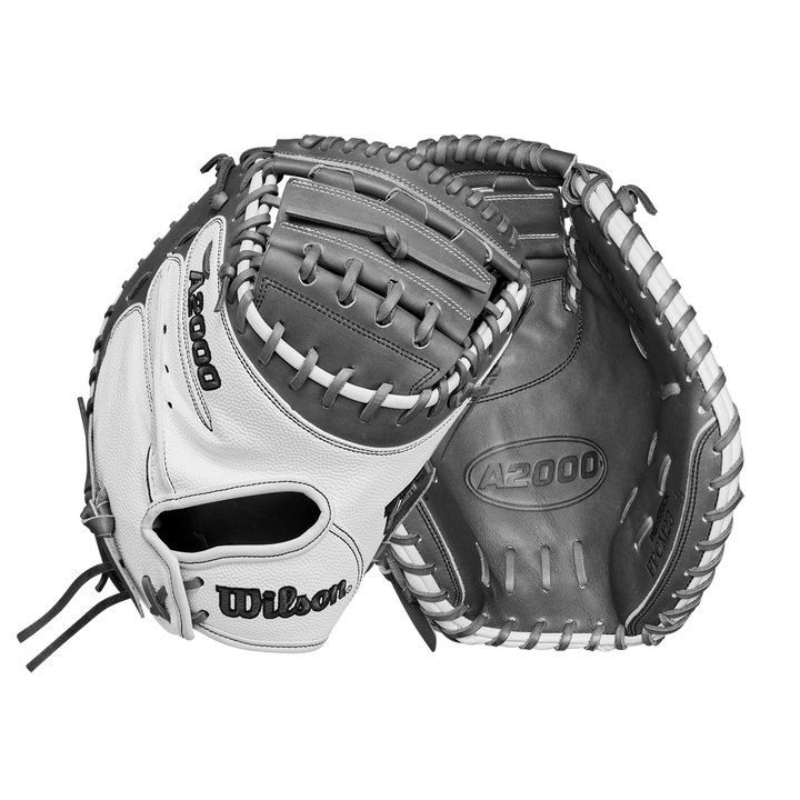 A close-up of the Wilson A2000 FPCM23 34" Fastpitch Catcher's Mitt, expertly crafted with Pro Stock Leather for lasting performance.