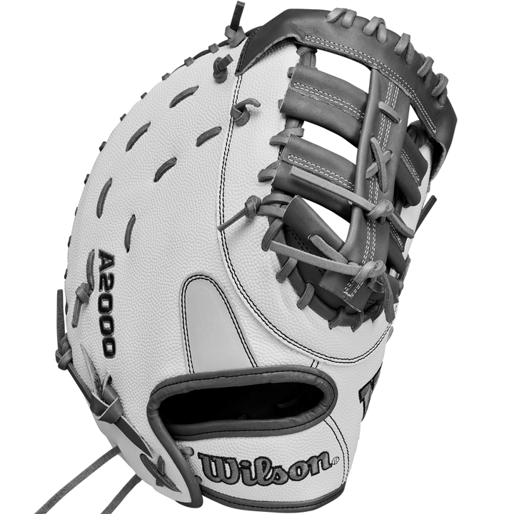 The Wilson A2000 1620SS 12.5" Fastpitch First Base Mitt (WBW102682125) by Wilson features white and gray Pro Stock leather, black stitching and laces, plus logos on the thumb and wrist, shown isolated on a white background.