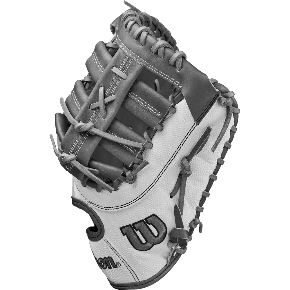 A close-up of the Wilson A2000 1620SS 12.5" Fastpitch First Base Mitt (WBW102682125) shows its detailed stitching, Pro Stock leather, laces, and Wilson logo on gray and white design against a plain background.