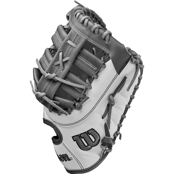 A close-up of the Wilson A2000 1620SS 12.5" Fastpitch First Base Mitt (WBW102682125) shows its detailed stitching, Pro Stock leather, laces, and Wilson logo on gray and white design against a plain background.