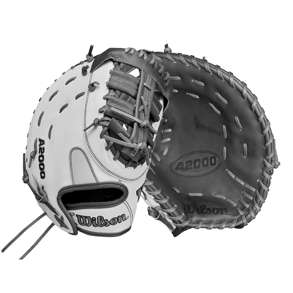 Two Wilson A2000 1620SS 12.5" Fastpitch First Base Mitts by Wilson are displayed: one highlights the Wilson and A2000 logos, while the other shows the palm and web, both in a striking black-and-white image.