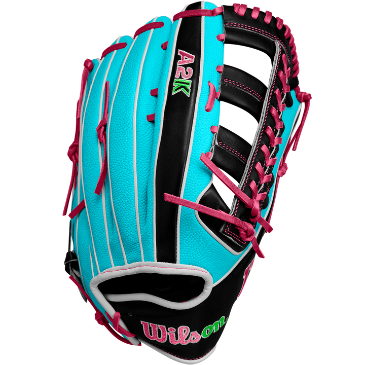 The Wilson A2K 1810SS 12.75" Baseball Glove (Winter 2024: WBW1026881275) features a turquoise and black design with pink laces, white piping, Pro Stock Select leather, and embroidered logos, shown on a white background.