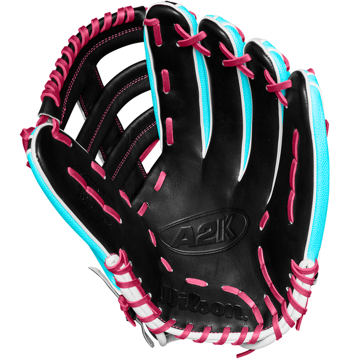 The Wilson A2K 1810SS 12.75" Baseball Glove (Winter 2024) features pink laces and is crafted from Pro Stock Select leather for premium durability and feel.