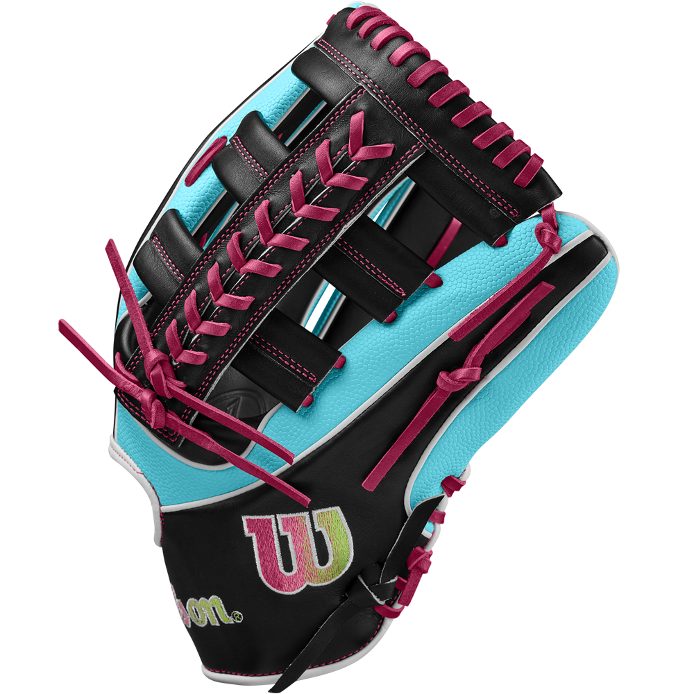 The Wilson A2K 1810SS 12.75" Baseball Glove (WBW1026881275) features black, turquoise, and white Pro Stock Select leather with bright pink laces and a yellow-pink Wilson logo, shown on a plain white background.