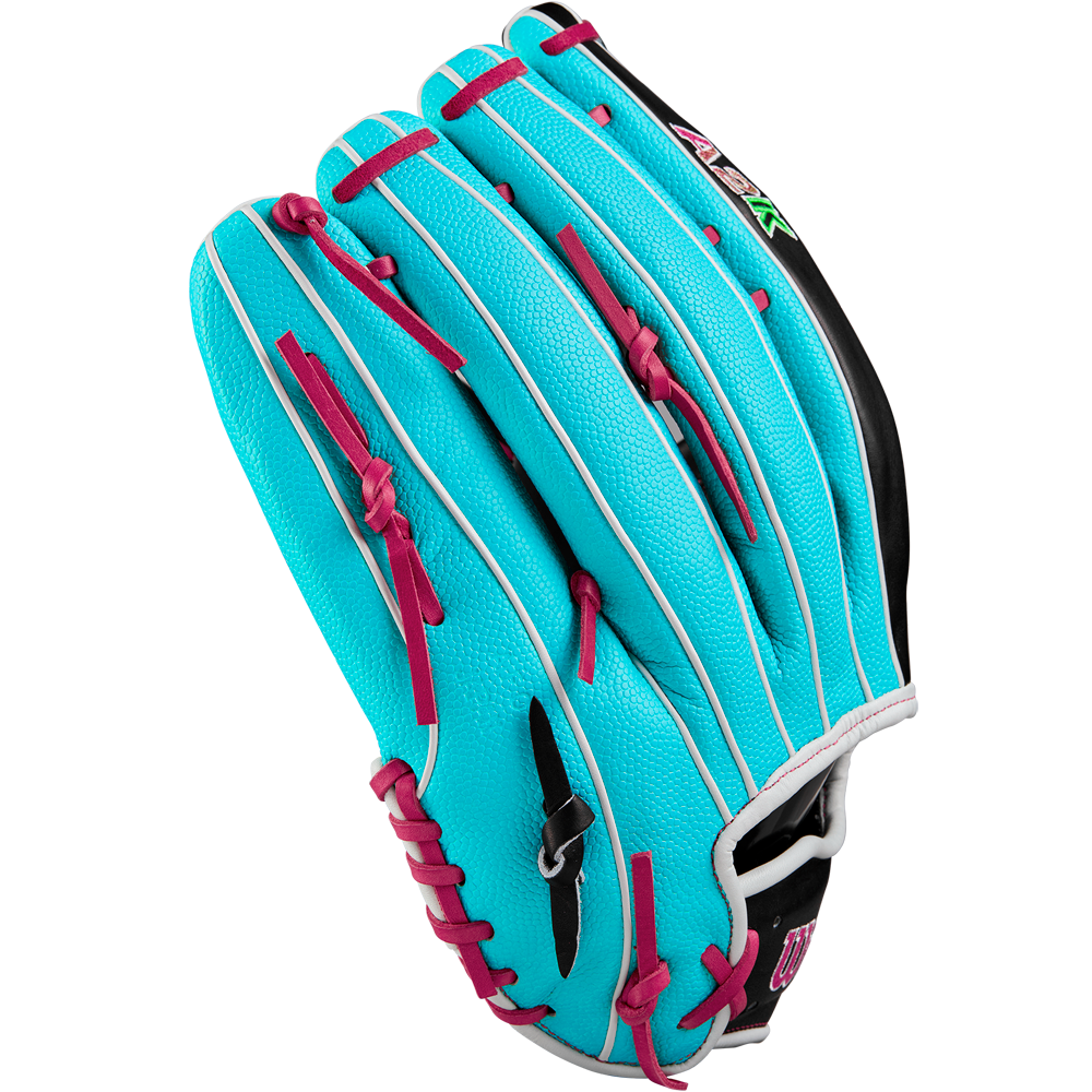 The Wilson A2K 1810SS 12.75" Baseball Glove (Winter 2024) features Pro Stock Select leather for top-tier durability and performance, offered in a blue and pink design.