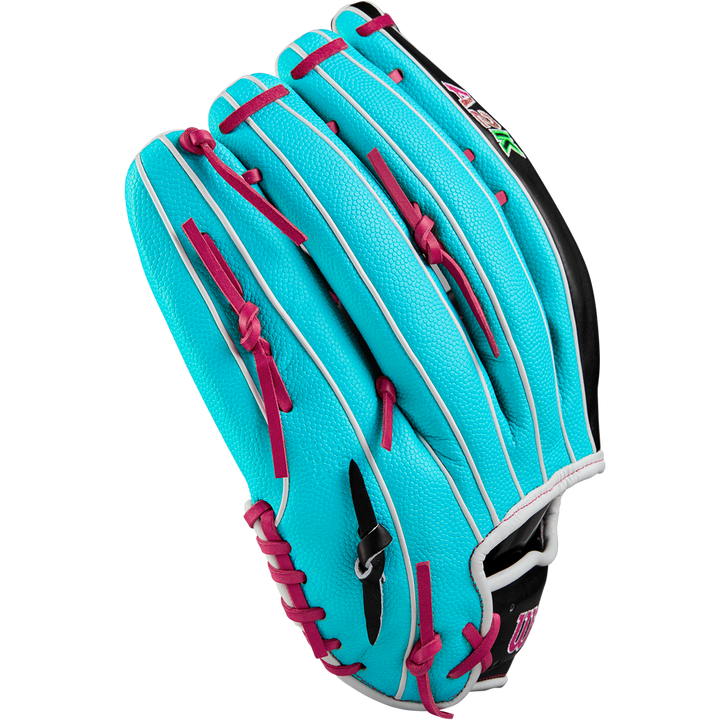The Wilson A2K 1810SS 12.75" Baseball Glove (Winter 2024) features Pro Stock Select leather for top-tier durability and performance, offered in a blue and pink design.