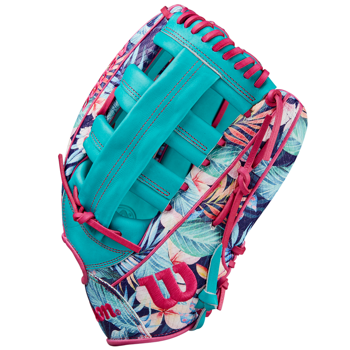 The Wilson A2000 RA56 12.75" Randy Arozarena GM Baseball Glove features a teal and pink floral design, SuperSnakeSkin construction, pink stitching, and the signature red Wilson W logo on the side.