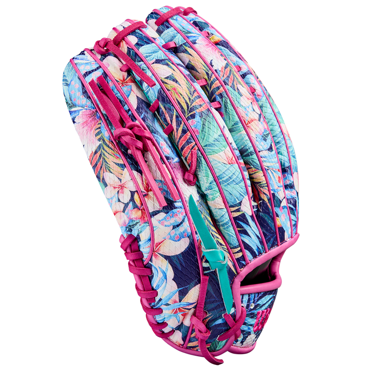 The Wilson A2000 RA56 12.75" Randy Arozarena GM Baseball Glove (SPRING 2025: WBW1026941275) features a vibrant tropical floral pattern with pink laces, shown on a plain light background.