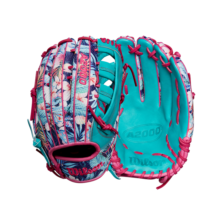 Two vibrant Wilson A2000 RA56 12.75" Randy Arozarena GM Baseball Gloves by Wilson, with a floral outside, teal interior, and pink laces, shown side by side—just like the SPRING 2025 model WBW1026941275 with SuperSnakeSkin technology.