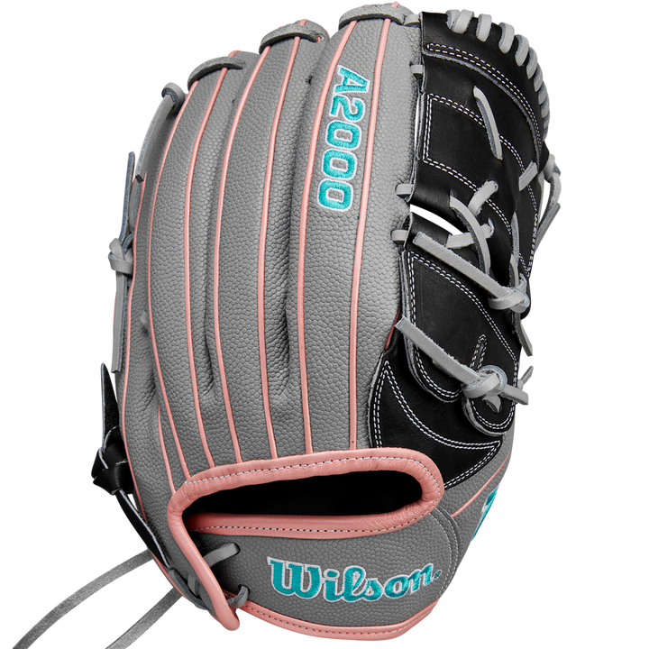The Wilson A2000 MA14SS 12.25" Fastpitch Glove (WBW1027221225) features a gray design with black, light pink, and teal accents, teal Wilson and A2000 logos, pink trim, and is crafted from durable Pro Stock leather.