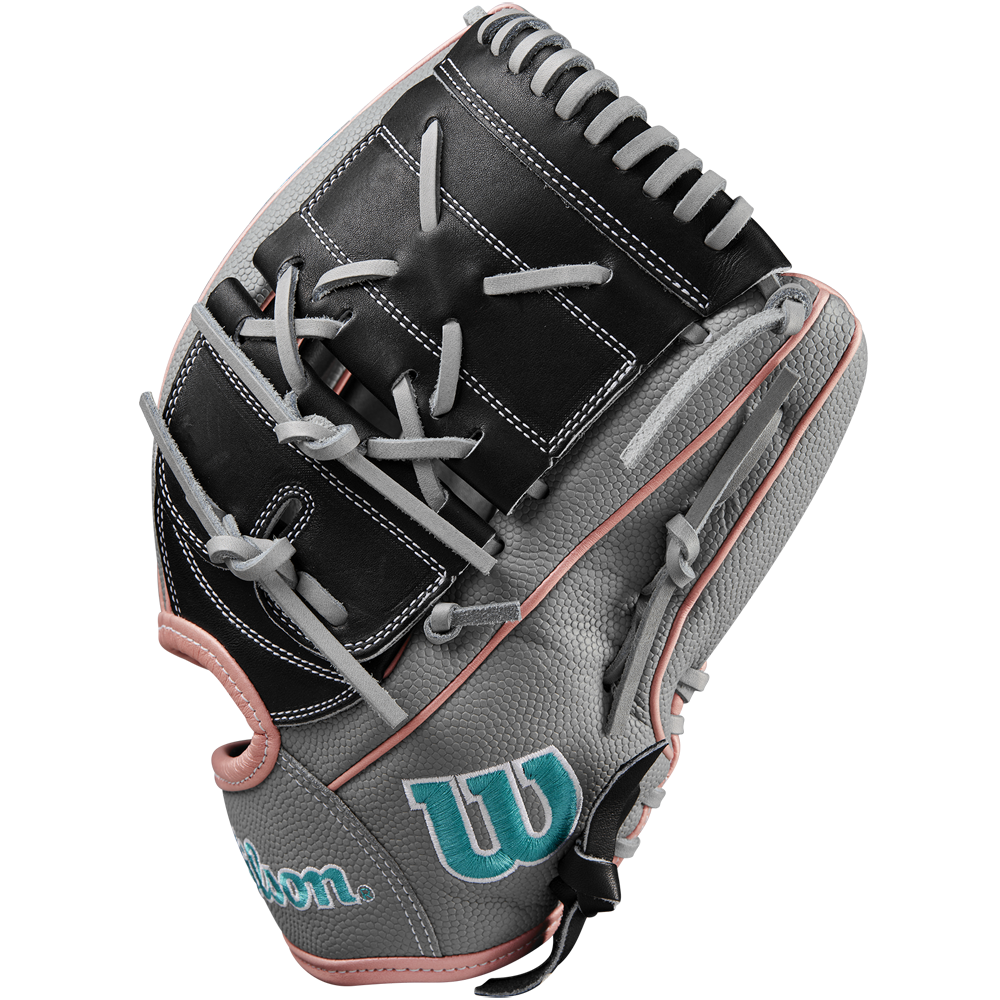 A Wilson A2000 MA14SS 12.25" Fastpitch Glove in grey with black and pink accents, teal W logo, and white stitching is crafted from Pro Stock leather and shown from the side on a white background.