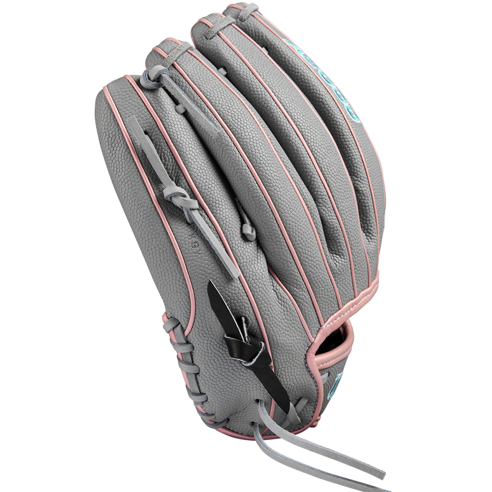The Wilson A2000 MA14SS 12.25" Fastpitch Glove features gray Pro Stock leather with pink trim and stitching, a black strap, blue lettering, and is shown against a white background.