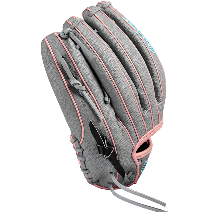 The Wilson A2000 MA14SS 12.25" Fastpitch Glove features gray Pro Stock leather with pink trim and stitching, a black strap, blue lettering, and is shown against a white background.