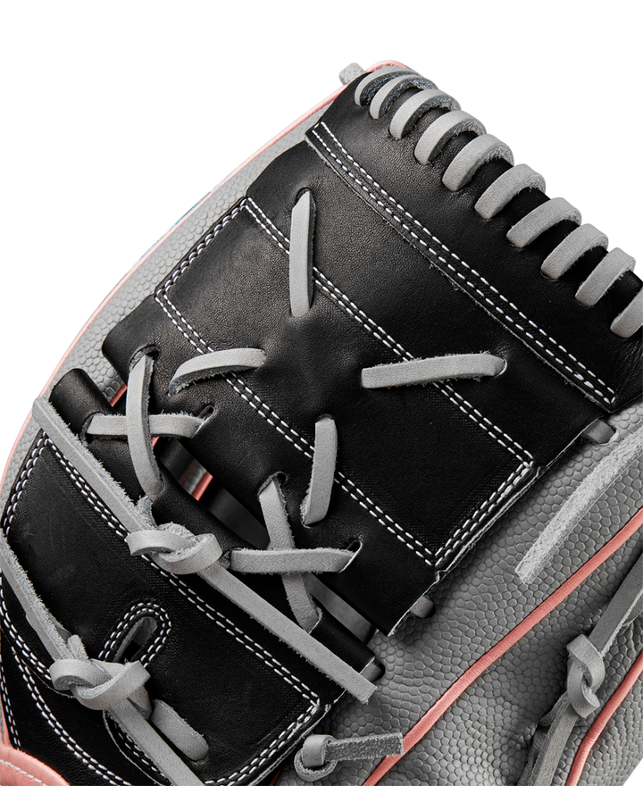 Close-up of the Wilson A2000 MA14SS 12.25" Fastpitch Glove (WBW1027221225) in black and gray leather with white stitching and pink accents, highlighting detailed lacing—perfect for fastpitch pitchers.