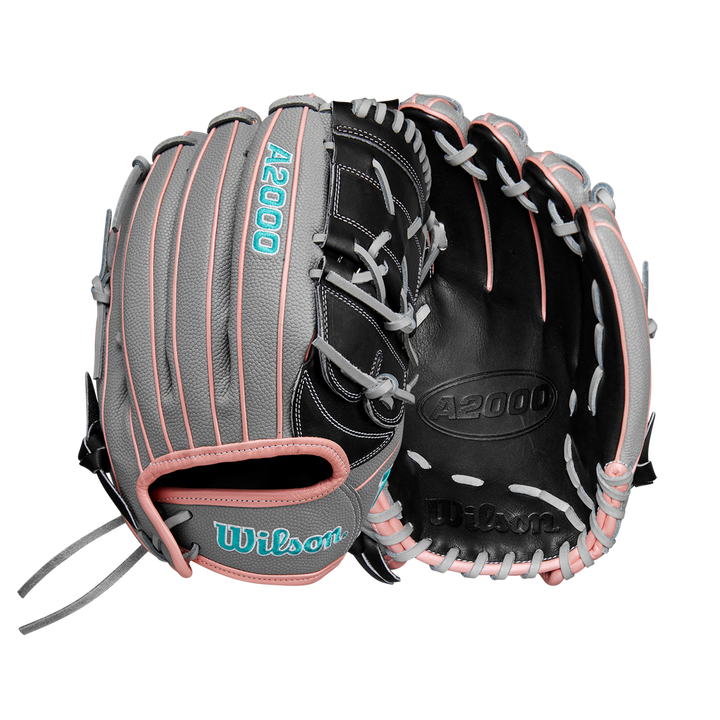 The Wilson A2000 MA14SS 12.25" Fastpitch Glove (WBW1027221225) by Wilson, shown in black, gray, light pink, and teal Pro Stock leather, is displayed front and back on a plain white background.