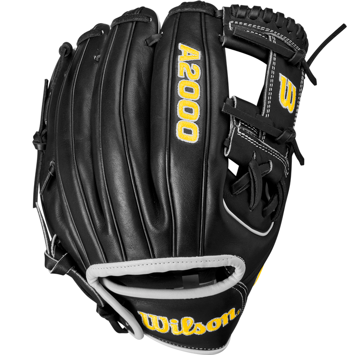 The Wilson A2000 DP15 11.5" WBW102726115 baseball glove features a black design with yellow lettering and is crafted from premium Pro Stock leather.
