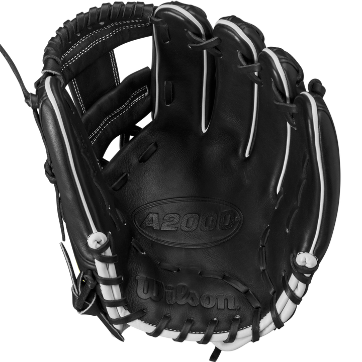 The Wilson A2000 DP15 11.5" Baseball Glove (WBW102726115) features durable Pro Stock leather in a black and white design, making it an ideal choice as an infield glove.