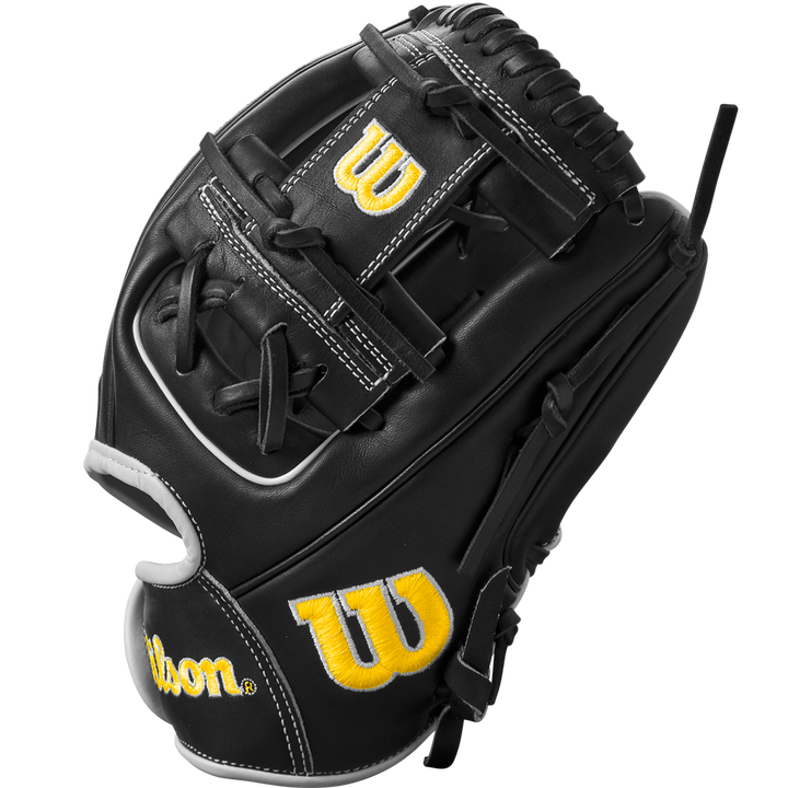 The Wilson A2000 DP15 11.5" Baseball Glove (WBW102726115) features a black Pro Stock leather build, yellow and white W and Wilson logos, detailed stitching, and laces, displayed on a plain white background.
