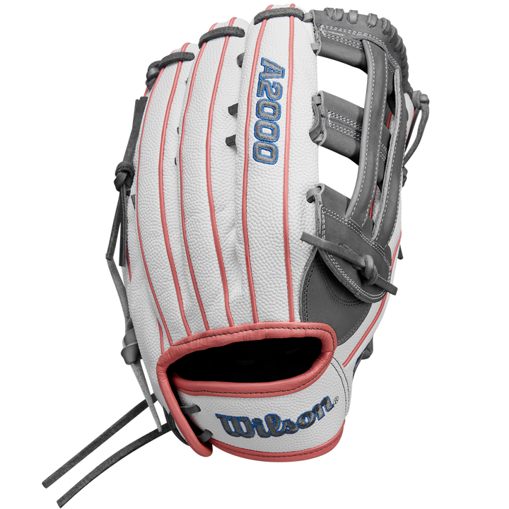 The Wilson A2000 FP50SS 12.25" Fastpitch Glove (WBW1027371225) features white Pro Stock® Leather, pink laces, gray and black accents, and blue embroidered brand logos, photographed on a white background.