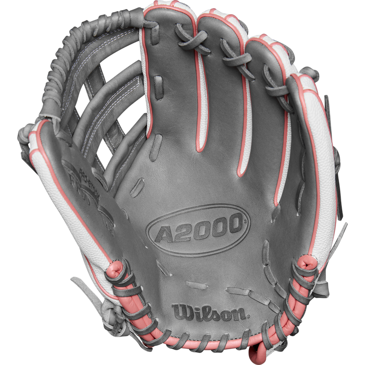 A close-up of the Wilson A2000 FP50SS 12.25" Fastpitch Glove (FALL 2024), crafted from Pro Stock® Leather for outfield players.
