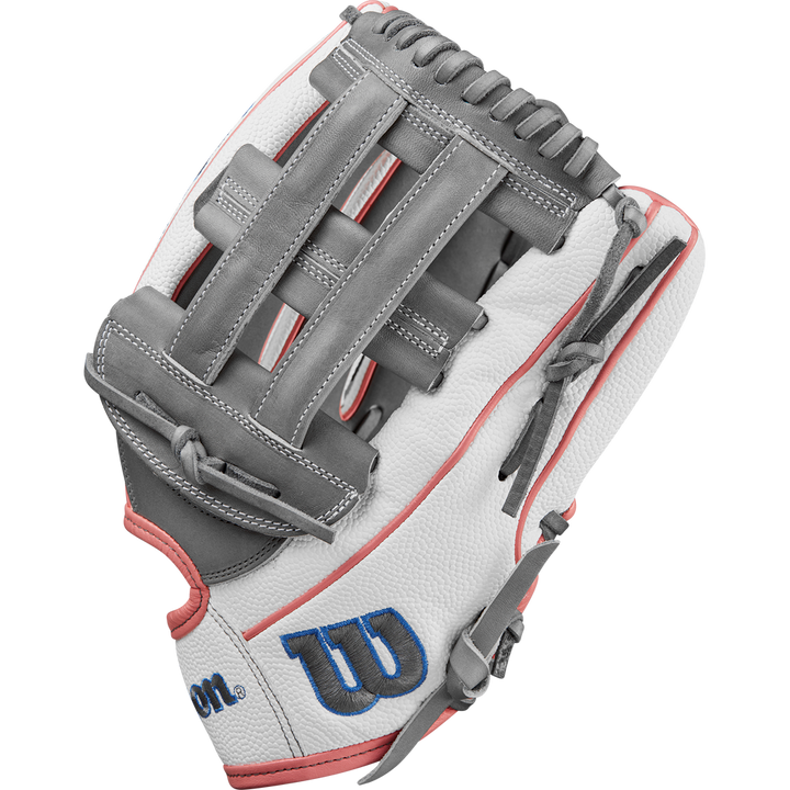 The Wilson A2000 FP50SS 12.25" Fastpitch Glove (WBW1027371225) features white and gray Pro Stock® Leather, red accents, gray laces, and a blue W logo—ideal for outfielders.
