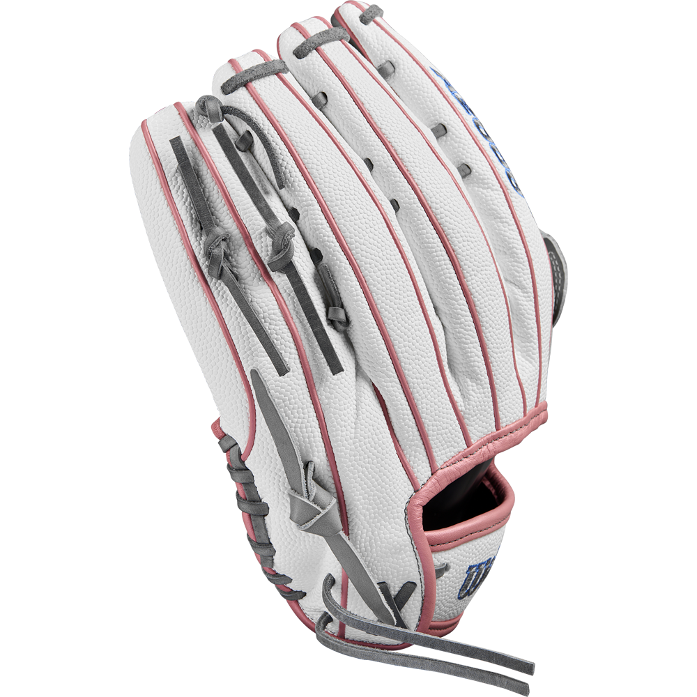 The Wilson A2000 FP50SS 12.25" Fastpitch Glove features Pro Stock® Leather in white with pink and gray accents, gray laces, and pink trim, displayed on a plain white background. Model: FALL 2024 WBW1027371225.