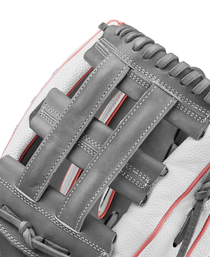 A close-up of the Wilson A2000 FP50SS 12.25" Fastpitch Glove, made from Pro Stock® Leather—ideal for outfield play in the FALL 2024 season.