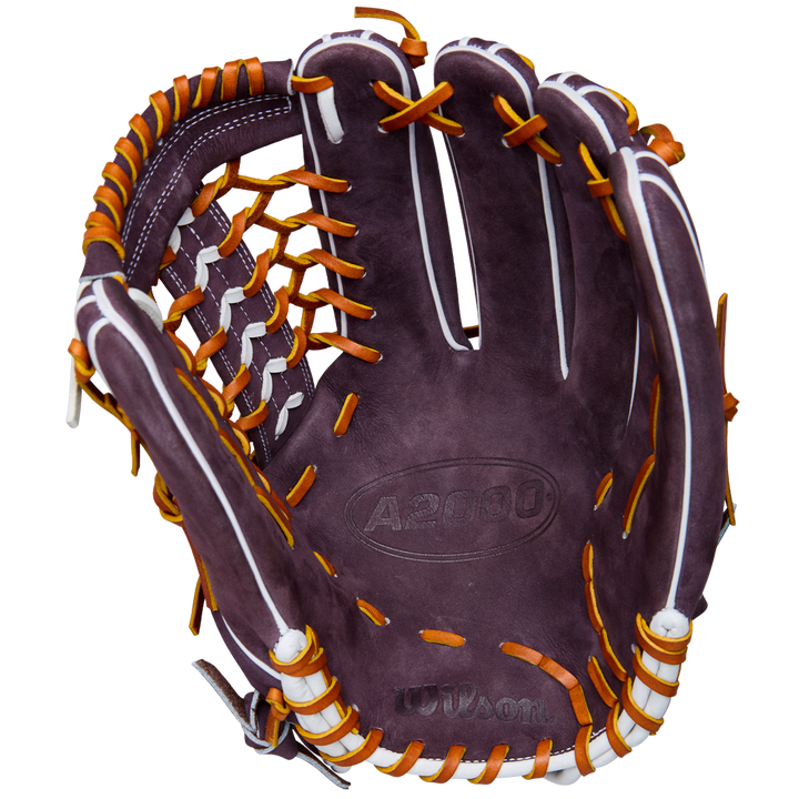 A close-up of the Wilson A2000 T125 12.5" Aliyah Andrews GM Fastpitch Glove (WBW102745125) by Wilson, featuring its brown leather with white and orange laces, open to show the palm and deep pocket.
