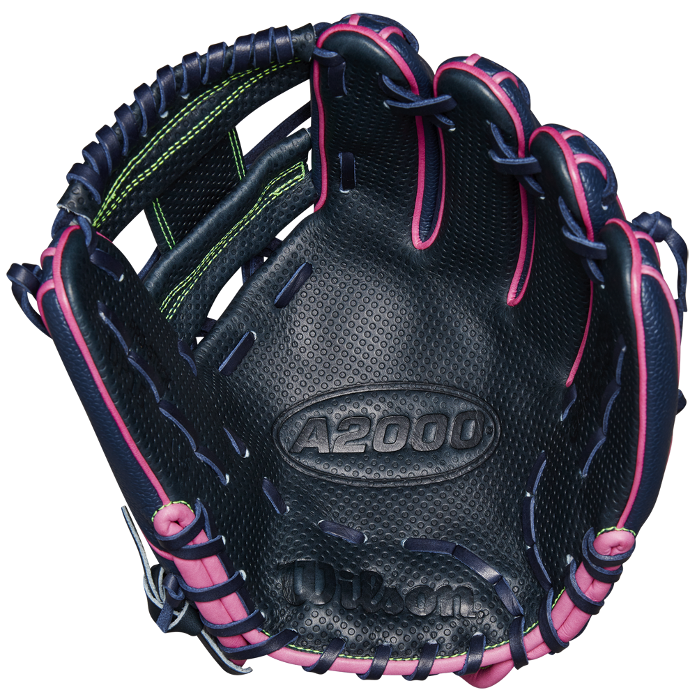 The Wilson A2000 DP15SS 11.5" Baseball Glove (SPRING 2025: WBW102747115) features pink stitching and Pedroia Fit Technology for enhanced comfort and performance.