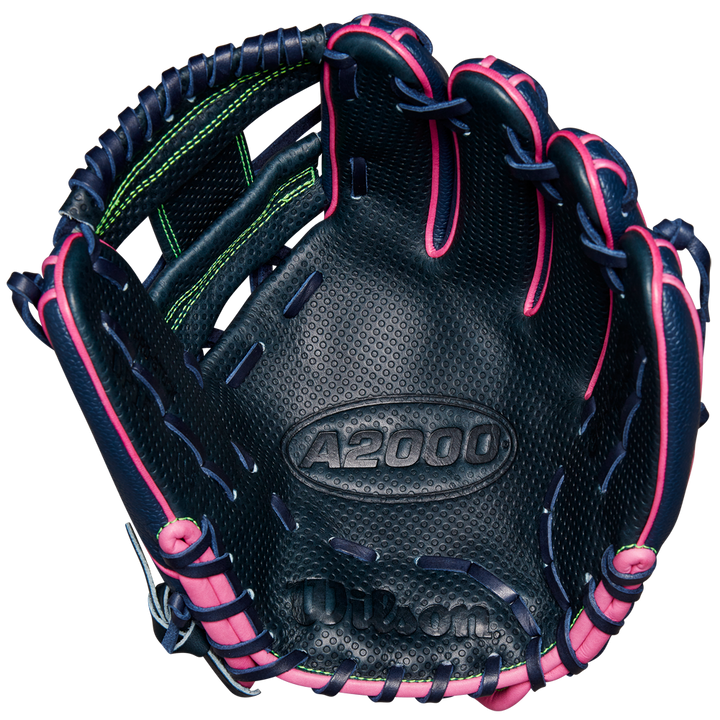 The Wilson A2000 DP15SS 11.5" Baseball Glove (SPRING 2025: WBW102747115) features pink stitching and Pedroia Fit Technology for enhanced comfort and performance.