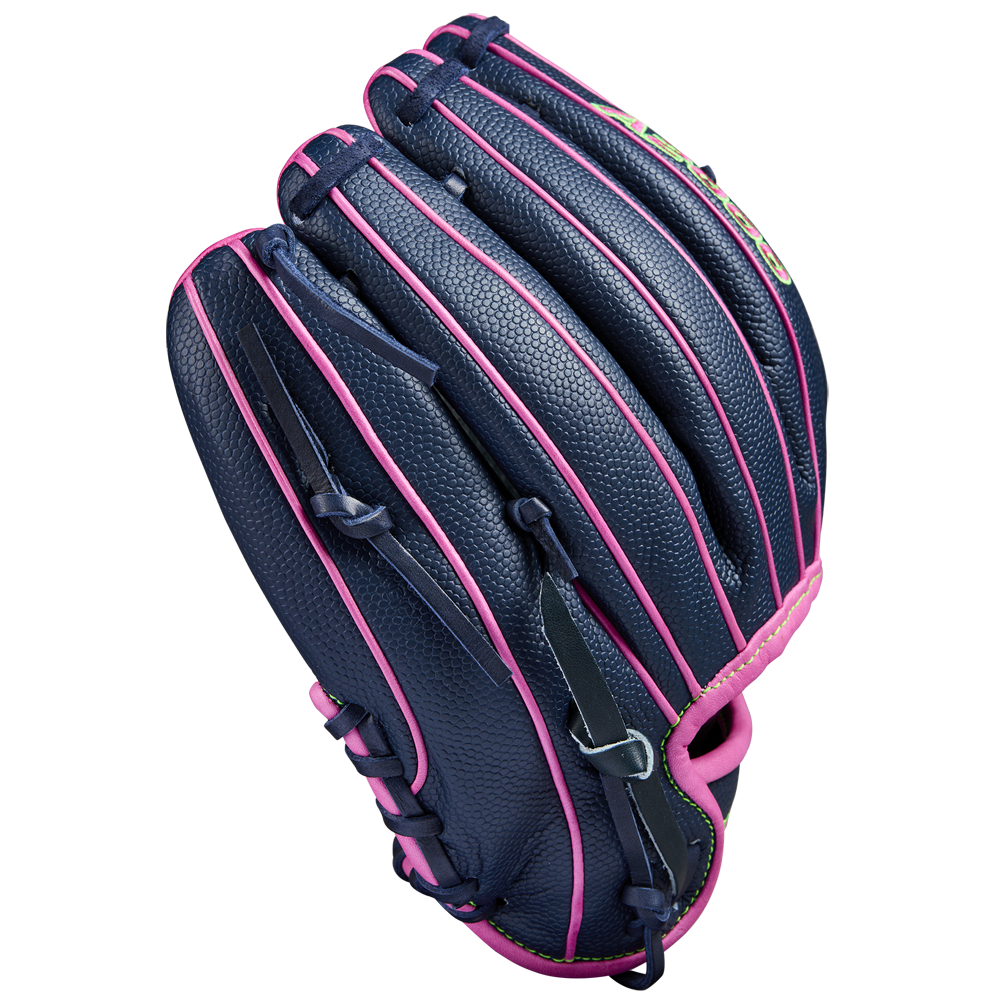 The Wilson A2000 DP15SS 11.5" Baseball Glove (SPRING 2025: WBW102747115) in dark blue with bright pink laces and trim is displayed against a plain light background.