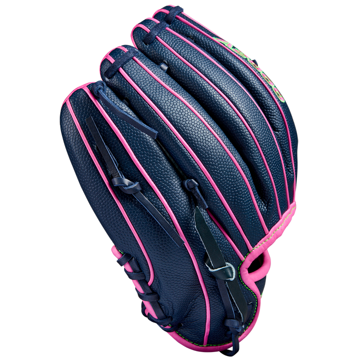 The Wilson A2000 DP15SS 11.5" Baseball Glove (SPRING 2025: WBW102747115) in dark blue with bright pink laces and trim is displayed against a plain light background.