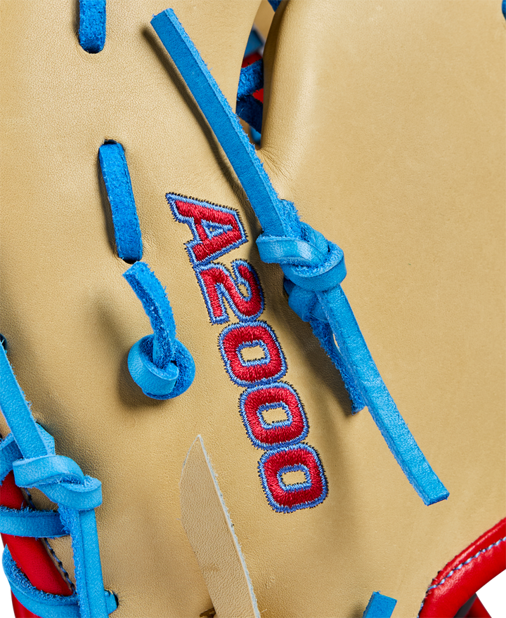Close-up of a Wilson A2000 1677 12.5" first base mitt, crafted from Pro Stock leather, with tan color, blue laces, and red A2000 stitching. Model WBW102753125 from Wilson’s Spring 2025 lineup.
