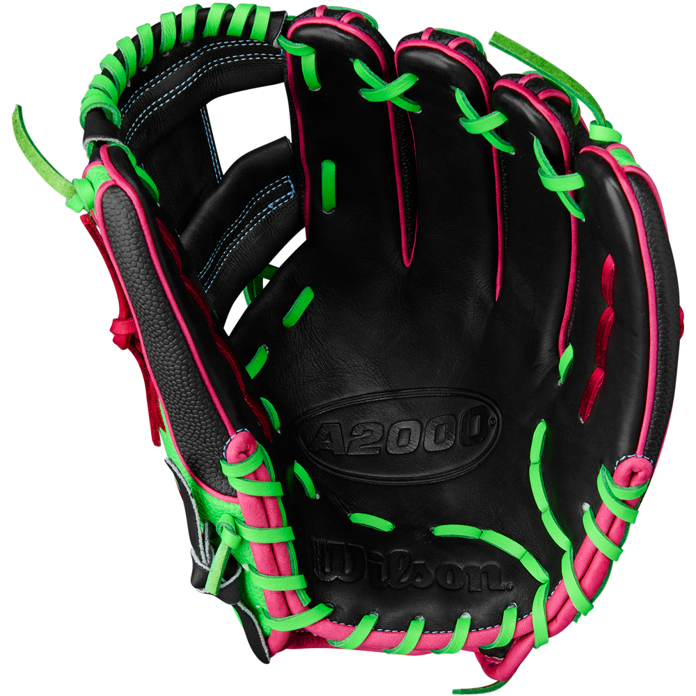 The Wilson A2000 1786SS 11.5" Baseball Glove (WBW103218115) is a black and pink infield glove featuring durable SuperSkin material.