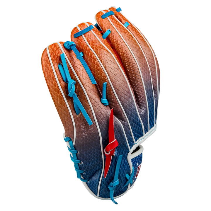 The Wilson A2K 1786SS 11.5" Baseball Glove (WBW103290115) features an orange and brown SuperSnakeSkin surface, blue laces, white trim, and a red accent, shown on a plain white background.