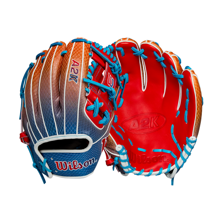 Two Wilson A2K 1786SS 11.5" Baseball Gloves (Summer 2025: WBW103290115) are shown, one palm-up and one back-up, with bold red, orange, and blue colors, blue laces, white accents, and SuperSnakeSkin. Brand: Wilson.