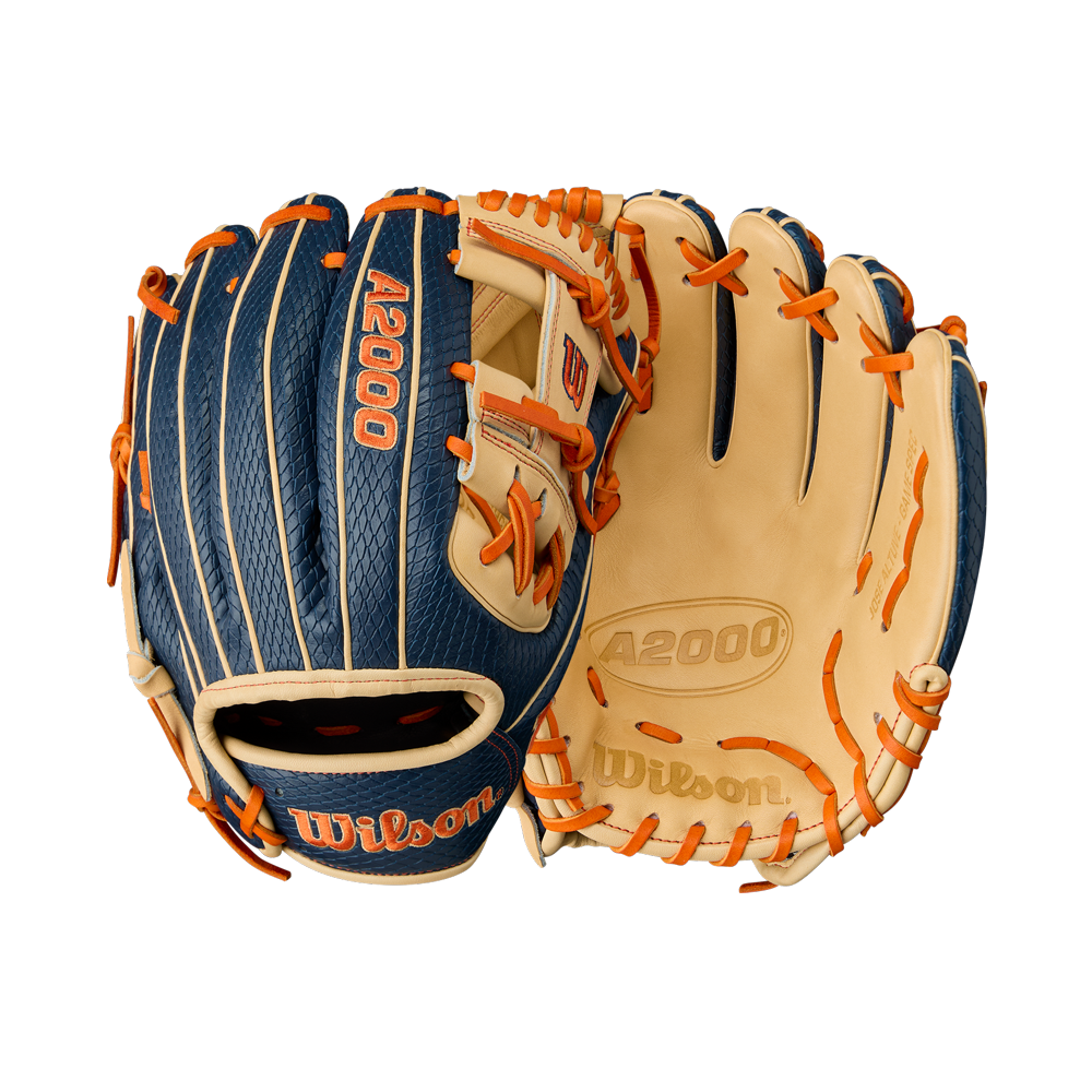 The Wilson A2000 JA27 11.5" Jose Altuve GM Baseball Glove (WBW103295115) in blue and tan with orange laces is displayed front and back, showcasing its Summer 2025 Pro Stock leather design and Wilson branding.