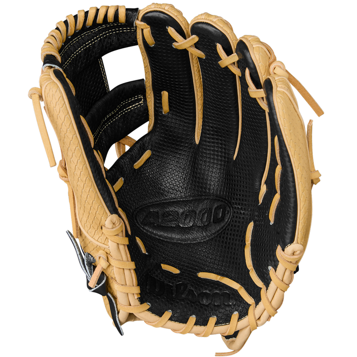 The Wilson A2000 KBH13 11.75" Ke'Bryan Hayes GM Baseball Glove (Summer 2025, WBW1032961175) features tan and black leather with tan lacing and the A2000 logo stamped in the palm.