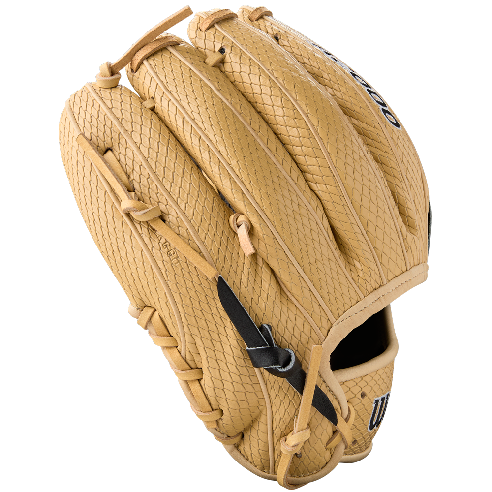 A tan Wilson A2000 KBH13 11.75" Ke'Bryan Hayes GM Baseball Glove (Summer 2025) with textured leather, black accent strap, and visible laces is shown at an angle on a white background. Ideal for infielders.