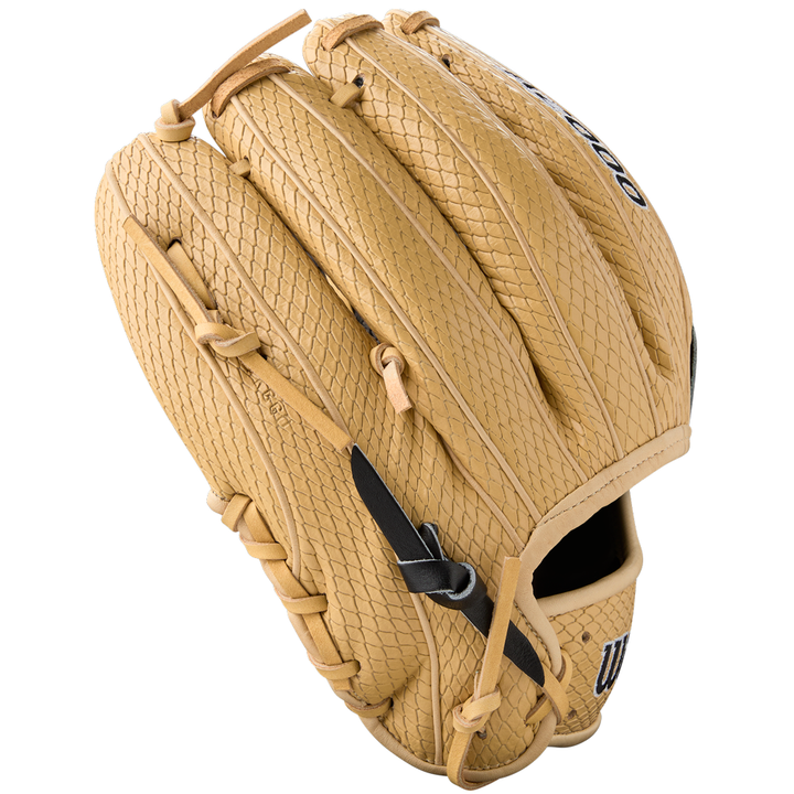A tan Wilson A2000 KBH13 11.75" Ke'Bryan Hayes GM Baseball Glove (Summer 2025) with textured leather, black accent strap, and visible laces is shown at an angle on a white background. Ideal for infielders.