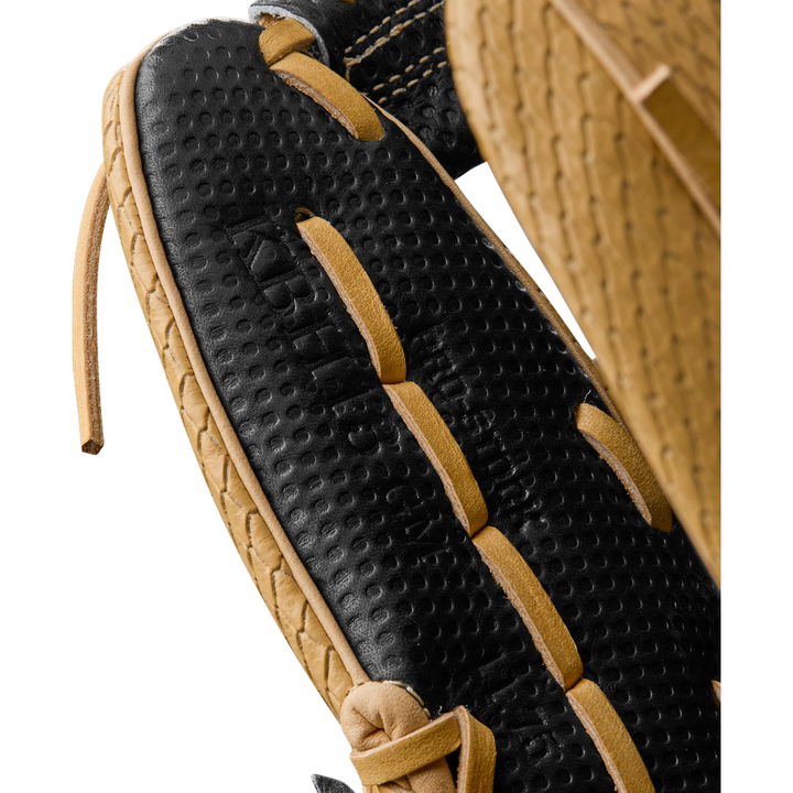 Close-up of the Wilson A2000 KBH13 11.75" Ke'Bryan Hayes GM Baseball Glove (Summer 2025, WBW1032961175), highlighting its detailed black and tan leather, textured patterns, and tan laces threading through the black section.