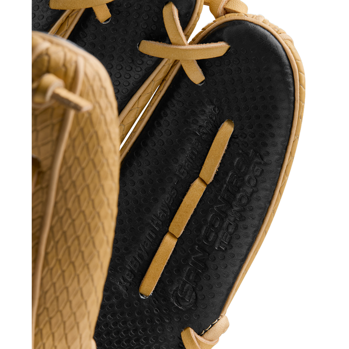 Close-up of the Wilson A2000 KBH13 11.75" Ke'Bryan Hayes GM Baseball Glove, Summer 2025 edition, showcasing tan and black textured leather, detailed stitching, and embossed text on the black inner palm area.