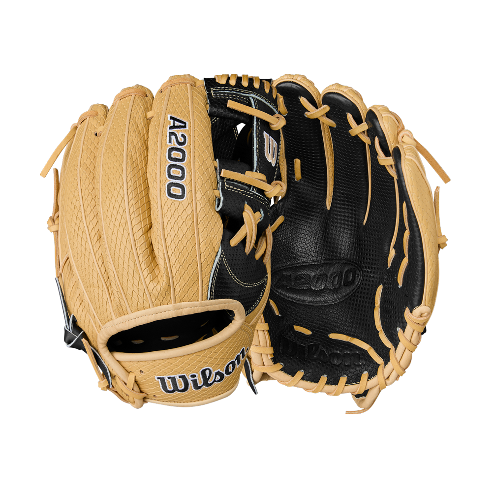 The Wilson A2000 KBH13 11.75" Ke'Bryan Hayes GM Baseball Glove (WBW1032961175) is shown in tan and black, front and back views, with visible stitching and Wilson branding near the wrist. Summer 2025 release.