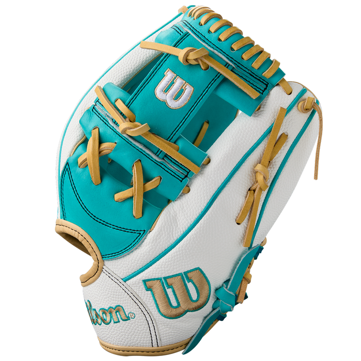 The Wilson A2000 H12SS 12" Fastpitch Glove (Summer 2025: WBW10329812) features teal, white, and tan Pro Stock leather with visible stitching and laces, plus the Wilson logo on the thumb and backhand, shown on a white background.