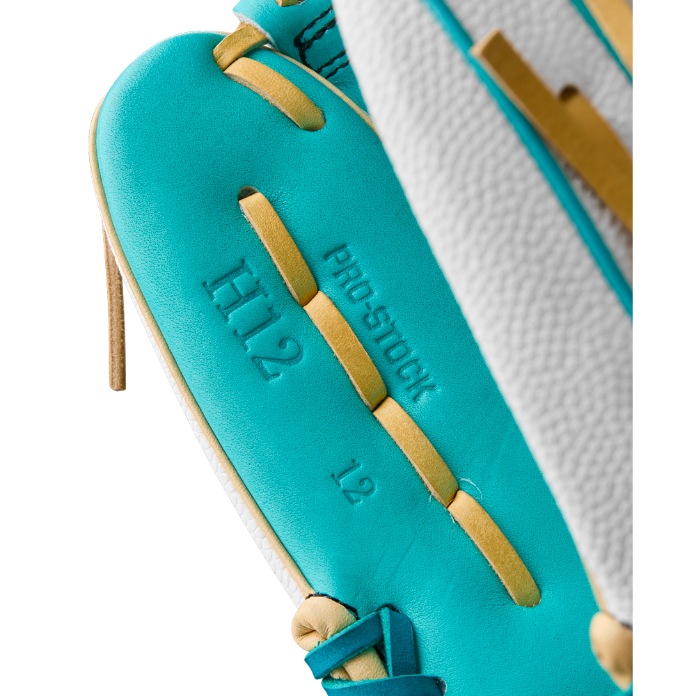 A close-up of the Wilson A2000 H12SS 12" Fastpitch Glove, crafted from premium Pro Stock leather.