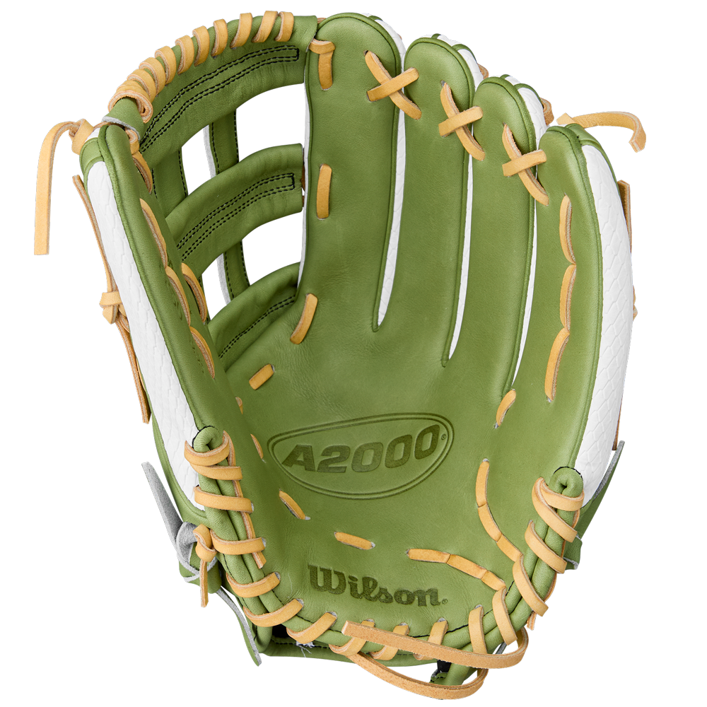 The Wilson A2000 FP50SS 12.25" Fastpitch Glove (WBW1033001225) features a green and white design with tan laces, visible Wilson branding on the palm, and is crafted from premium Pro Stock leather.