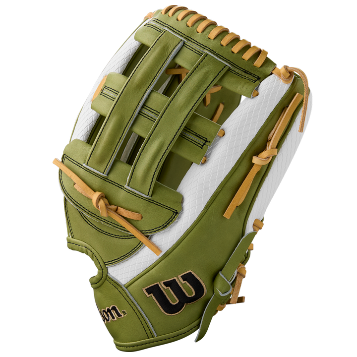 The Wilson A2000 FP50SS 12.25" Fastpitch Glove features a green and white design, tan laces, black W logo, Dual Post Web, and Pro Stock leather. Shown against a white background. Summer 2025 model: WBW1033001225.